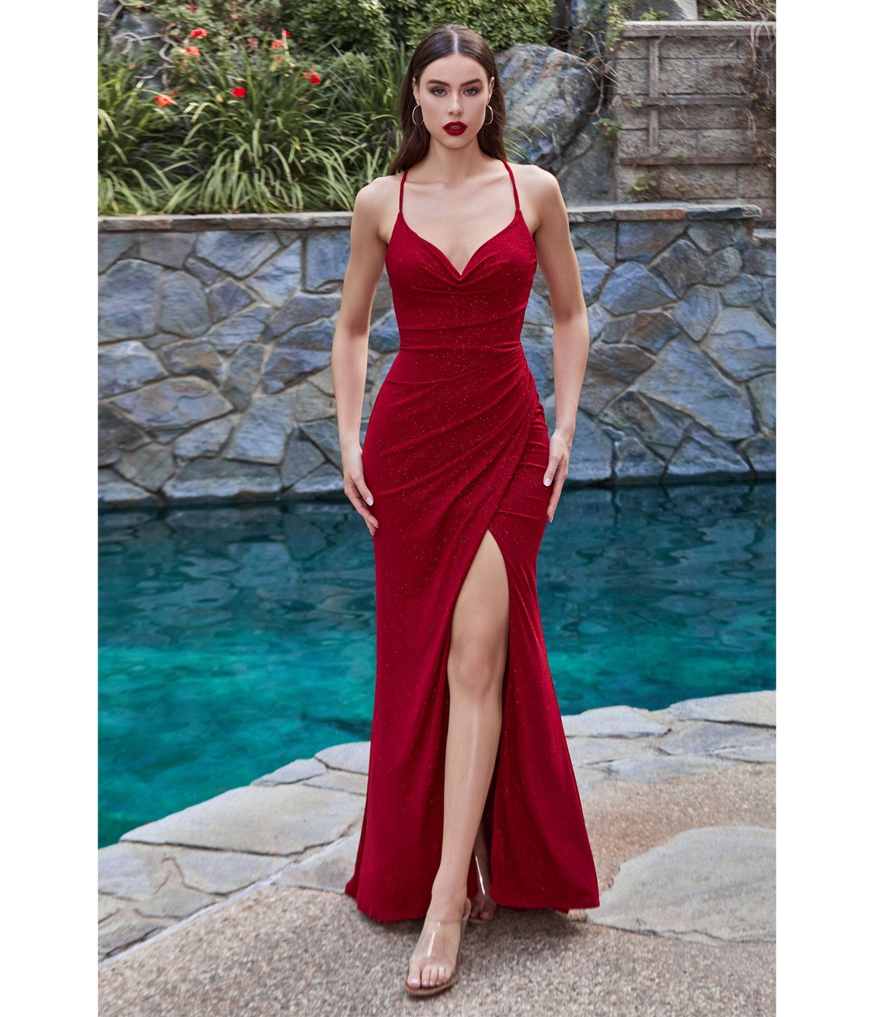 Long red glitter applique veil dress with split leg in flared style -  Artista